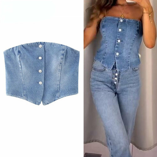 Off Shoulder Denim Top Blue Corset Crop Top