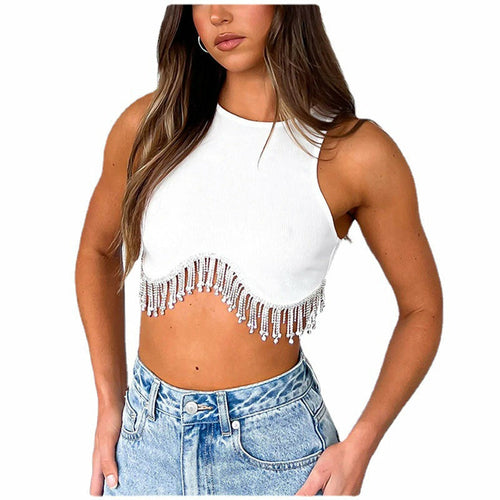 Round Neck Long Sleeve Crop Top with Sexy Rhinestone Fringe for Women