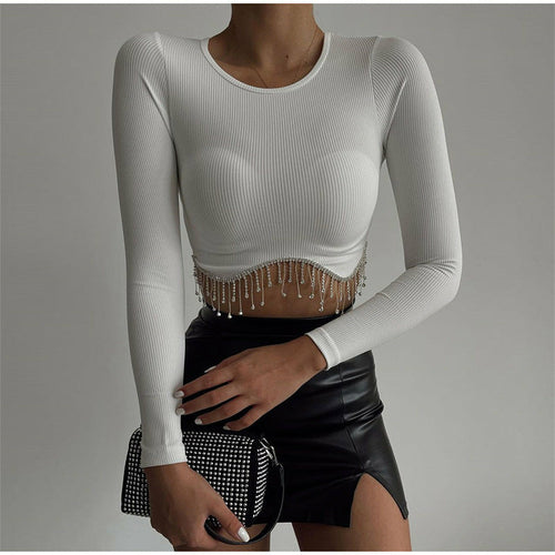 Round Neck Long Sleeve Crop Top with Sexy Rhinestone Fringe for Women